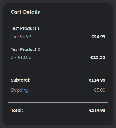 Order summary listing each product with quantity, unit price and item total, followed by subtotal, shipping and total