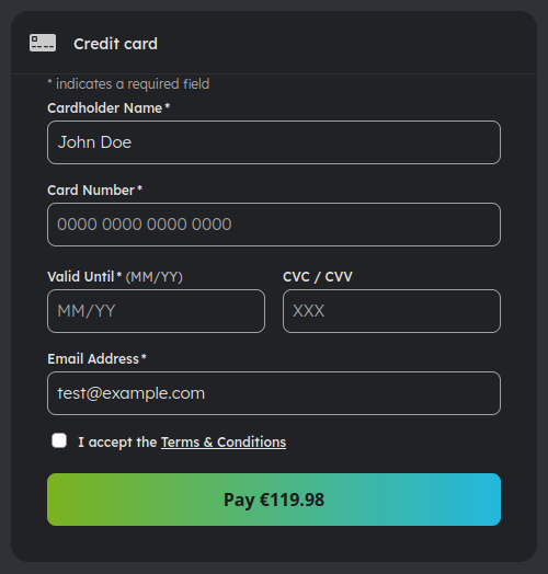 Card payment form with a required field legend, labelled fields marked with an asterisk, the expiry date format in the label and a pay button showing the amount